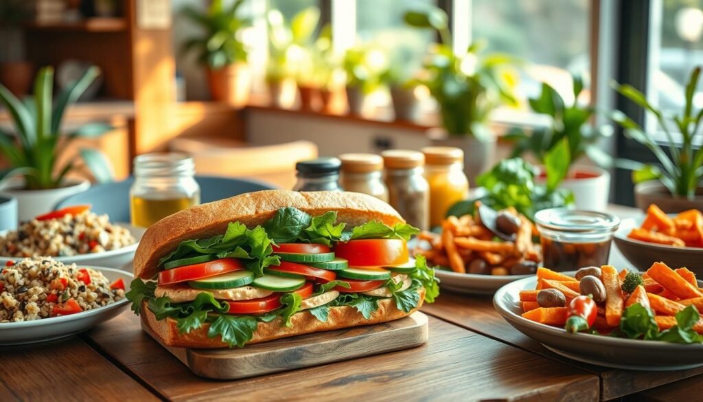 A beautifully arranged vegetarian sandwich display on a rustic wooden table, featuring a variety of colorful ingredients. In the foreground, focus on a hearty sub sandwich packed with fresh greens, ripe tomatoes, sliced cucumbers, and avocado, adorned with a spread of hummus. Surround the sandwich with smaller plates of vibrant salads, including quinoa, chickpeas, and mixed vegetables, along with a side of sweet potato fries. In the middle ground, include jars of olives, pickles, and vibrant spreads. The background should be softly blurred, showcasing a cozy, sunlit café atmosphere with potted plants and warm wooden accents. Use natural lighting to create a fresh, inviting vibe, with a shallow depth of field that emphasizes the deliciousness of the vegetarian options. The overall mood should be cheerful and appetizing, appealing to health-conscious eaters.