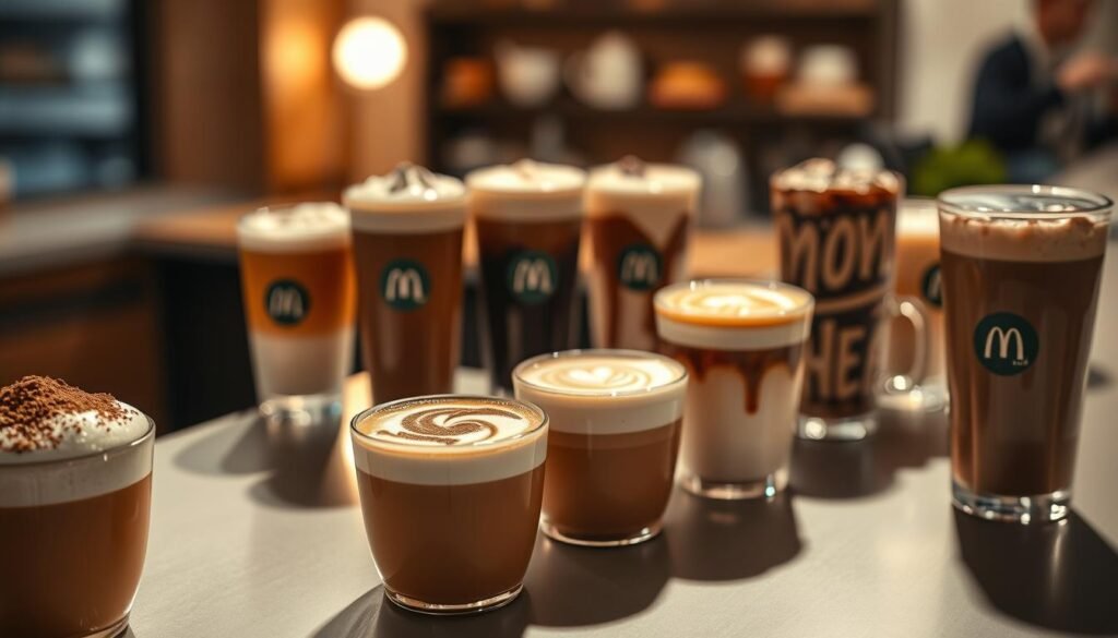A beautifully lit lineup of delectable McCafé espresso drinks, captured in a soft, warm light that accentuates their rich, velvety textures. In the foreground, a row of expertly crafted cappuccinos, their fluffy milk foam crowned with a dusting of cocoa powder. Behind them, elegant lattes with intricate latte art patterns, each one a unique work of art. In the middle ground, a selection of McCafé's signature espresso-based beverages, from the classic Americano to the indulgent Mocha Frappé, all displayed on a sleek, minimalist counter. The background features a blurred, cozy café setting, hinting at the comforting ambiance that accompanies these premium espresso drinks. The overall mood is one of refined sophistication and inviting indulgence.
