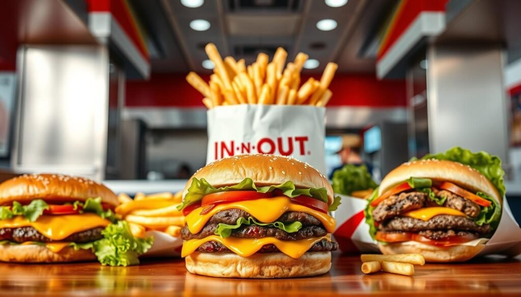 A brightly lit, in-focus composition showcasing a selection of iconic off-menu items from the legendary In-N-Out Burger restaurant. In the foreground, a Double-Double animal style burger with perfectly melted cheese, crisp lettuce, and a generous dollop of the chain's signature spread. Surrounding it, an array of tempting items like the Grilled Cheese, the 4x4, and the delectable Protein Style burger wrapped in fresh lettuce leaves. The middle ground features a classic In-N-Out paper bag overflowing with hot, fresh fries, while the background captures the sleek, retro-inspired aesthetic of the restaurant's interior, complete with stainless steel accents and a glimpse of the bustling counter service. The overall scene evokes the allure of In-N-Out's hidden culinary treasures and the anticipation of an off-menu dining experience.