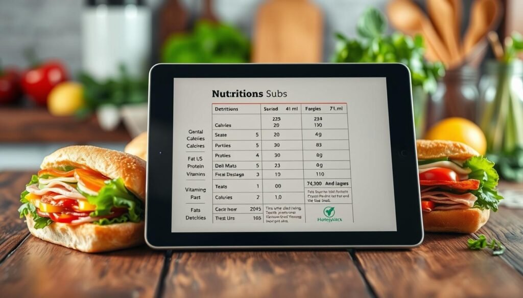A clean, informative representation of nutritional information displayed elegantly on a digital tablet resting on a rustic wooden table. In the foreground, vibrant images of fresh subs filled with colorful vegetables, deli meats, and sauces surround the tablet. The middle section features the tablet’s screen highlighting detailed nutritional values, such as calories, fats, protein, and vitamins in an easy-to-read format. The background shows a blurred kitchen setting with fresh ingredients and herbs, adding a cozy, inviting atmosphere. Soft, warm lighting enhances the freshness and appeal of the meal, giving it an appetizing glow. The image evokes a sense of health and wellness, enticing viewers with the idea of making informed food choices.