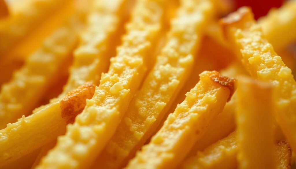 A close-up, macro-style image of crispy, golden-brown McDonald's french fries. The fries are meticulously detailed, with a crunchy, textured surface that captures the essence of mouthfeel. The lighting is soft and directional, accentuating the intricate patterns and ridges of the fry's surface. The depth of field is shallow, ensuring the viewer's focus remains on the mesmerizing crispiness and subtle variations in color and texture. The overall atmosphere is one of scientific curiosity and culinary appreciation, inviting the viewer to examine the engineering behind the iconic McDonald's fry.