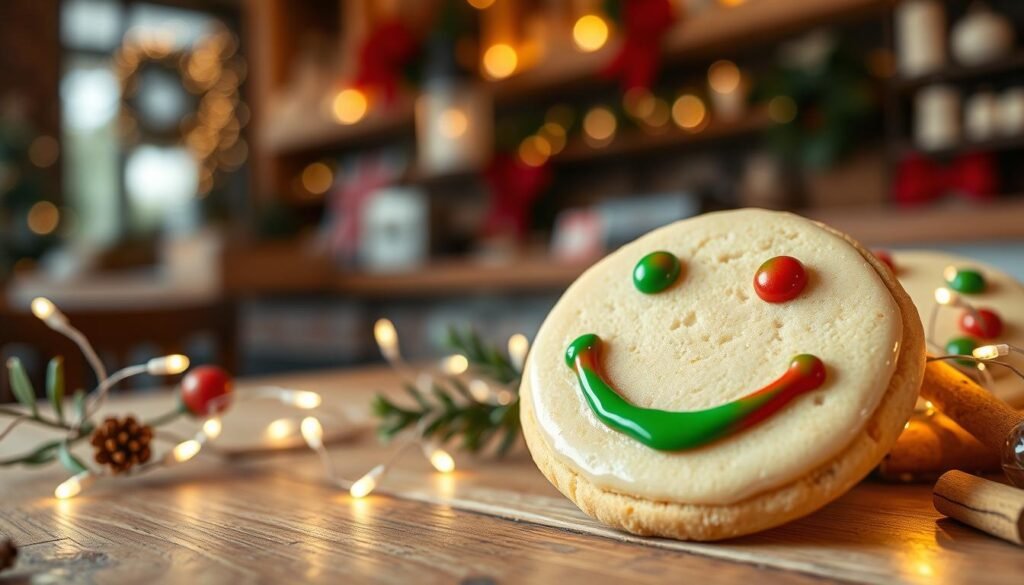 A close-up of a beautifully decorated holiday smile cookie, featuring a vibrant red and green icing smiley face with joyful expressions. The cookie should be placed on a rustic wooden table, surrounded by twinkling fairy lights and festive decor like sprigs of holly and cinnamon sticks, symbolizing the holiday spirit. In the background, softly blurred out, are hints of a cozy, warmly lit café environment with holiday decorations. The lighting should be warm and inviting, emphasizing the baked goods' glossy icing. Capture the mood of warmth and cheer, reflecting a sense of community and togetherness, ideal for the holiday season.