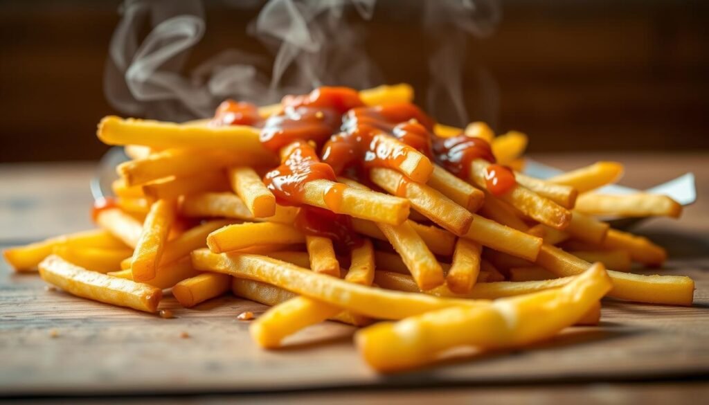 A close-up shot of a generous serving of golden-brown In-N-Out Animal Style fries, steaming hot and glistening with a rich, savory sauce. The fries are arranged in a slightly messy, yet appetizing manner, with a few scattered on the surface of a simple, rustic wooden table. The lighting is soft and diffused, creating a warm, inviting atmosphere that highlights the texture and depth of the fries. The background is slightly blurred, allowing the fries to be the focal point of the image, beckoning the viewer to imagine the satisfying flavors and textures.