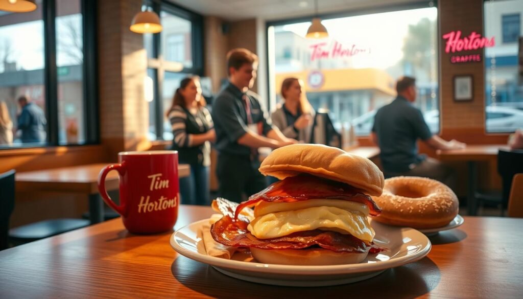 A cozy Tim Hortons café scene during the early morning, showcasing a well-lit interior with warm, inviting tones. In the foreground, a wooden table adorned with a plate of classic breakfast items, including a fluffy bacon and egg sandwich, a steaming cup of coffee, and a fresh donut. The middle ground features friendly staff in professional casual attire, attentively serving customers. In the background, a large window illuminates the café with soft morning light, revealing the bustling street outside. The atmosphere is cheerful and welcoming, capturing the essence of breakfast hours. Use a wide-angle lens to create a sense of depth and warmth in the composition.