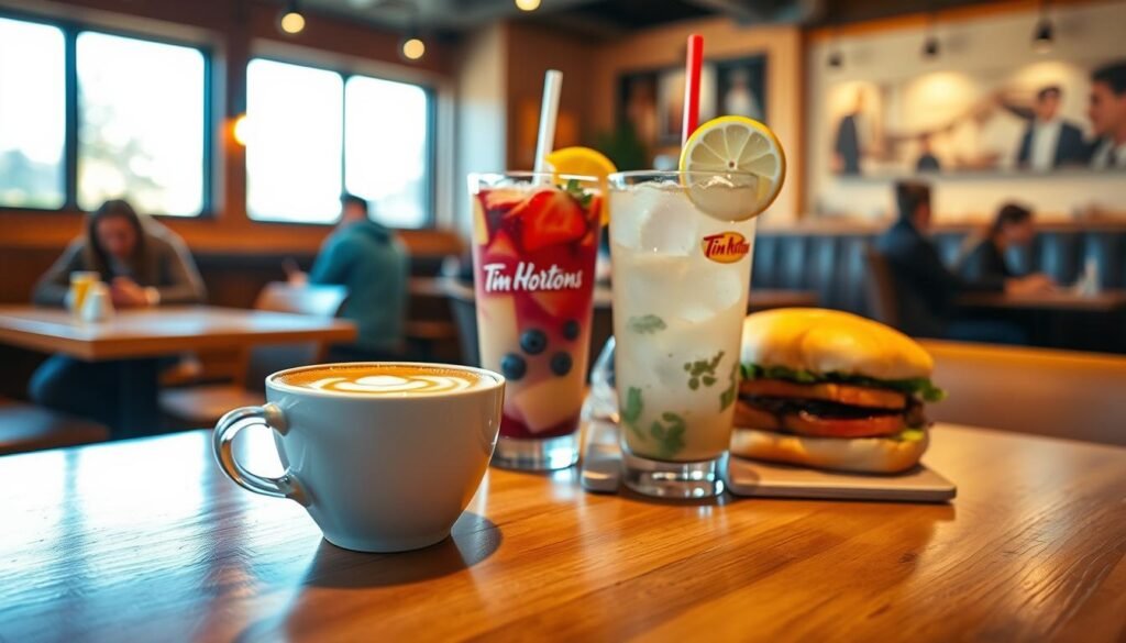 A cozy café setting featuring an array of Tim Hortons breakfast drinks, prominently displayed on a polished wooden table. In the foreground, a steaming cup of coffee with a delicate foam art design, accompanied by a vibrant, colorful smoothie featuring fruits like strawberries and blueberries. In the middle, a refreshing iced beverage garnished with a slice of lemon, alongside a classic breakfast sandwich peeking into the frame. The background includes soft-focus elements of a modern café setting with warm, inviting lighting, perhaps with patrons enjoying their morning meals. The scene conveys a cheerful, inviting atmosphere perfect for a breakfast gathering, with natural morning light streaming through large windows, enhancing the warm color palette.