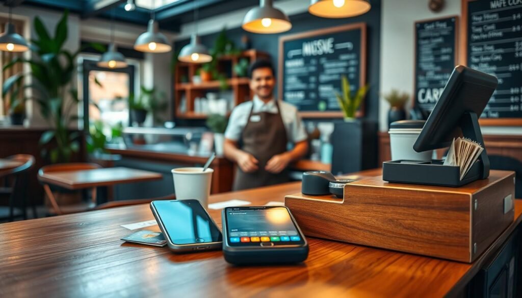 A cozy cafe setting in a Parma Heights coffee shop, focusing on an elegantly designed wooden counter showcasing various payment methods. In the foreground, display a variety of payment options, including credit cards, mobile payment applications on a smartphone, and cash in a neat cash register. In the middle ground, include a friendly barista in a neat apron, professionally engaged with customers, representing a warm and welcoming atmosphere. The background features the inviting cafe decor with lush plants, soft lighting from pendant lamps, and a chalkboard menu. Use a warm color palette with natural lighting to evoke a friendly and accessible vibe, creating an inviting mood for those considering their payment methods at this coffee shop. A cozy cafe setting in a Parma Heights coffee shop, focusing on an elegantly designed wooden counter showcasing various payment methods. In the foreground, display a variety of payment options, including credit cards, mobile payment applications on a smartphone, and cash in a neat cash register. In the middle ground, include a friendly barista in a neat apron, professionally engaged with customers, representing a warm and welcoming atmosphere. The background features the inviting cafe decor with lush plants, soft lighting from pendant lamps, and a chalkboard menu. Use a warm color palette with natural lighting to evoke a friendly and accessible vibe, creating an inviting mood for those considering their payment methods at this coffee shop.