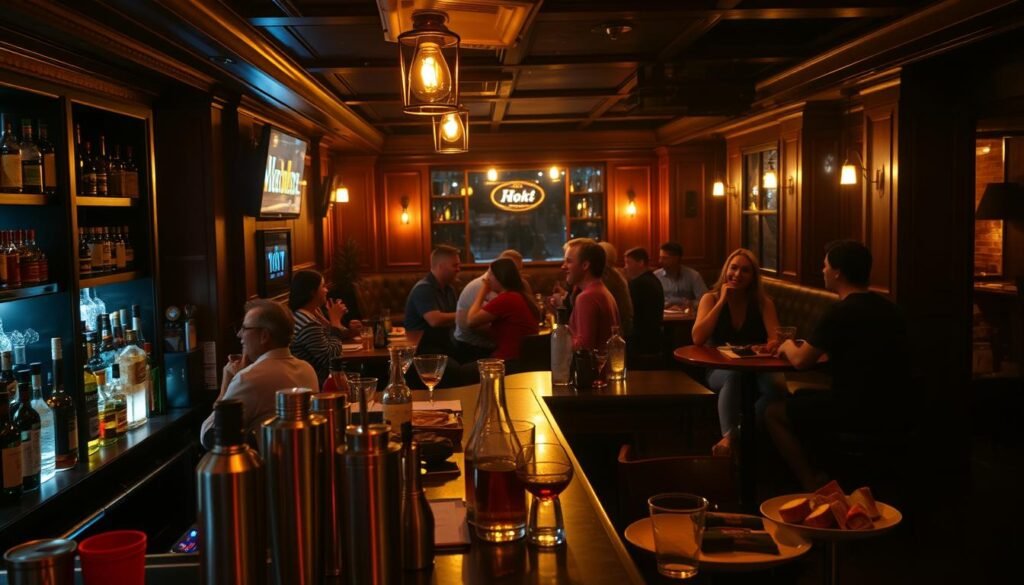 A cozy, dimly-lit bar scene at night, with patrons enjoying late-night happy hour drinks and appetizers. The foreground features a well-stocked bar with an array of liquor bottles, cocktail shakers, and glass tumblers. In the middle ground, groups of friends and colleagues sit at high-top tables, laughing and conversing over drinks. The background showcases a warm, inviting atmosphere with soft lighting, wooden accents, and maybe a few neon signs or mood lighting. The overall mood is relaxed, social, and conveys a sense of unwinding after a long workday. The lighting is low-key and atmospheric, creating a comfortable, intimate setting perfect for late-night happy hour.