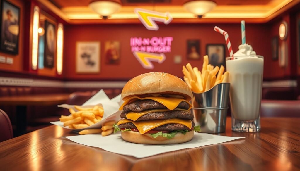 A cozy diner interior with warm lighting, showcasing the iconic In-N-Out Burger secret menu items arranged neatly on a wooden table. Close-up of a crisp Double-Double burger, a freshly made animal-style fries, and a refreshing milkshake, all presented against a backdrop of vintage-inspired decor and subtle branding elements. The scene exudes a sense of effortless sophistication, inviting the viewer to imagine the delightful off-menu experience.