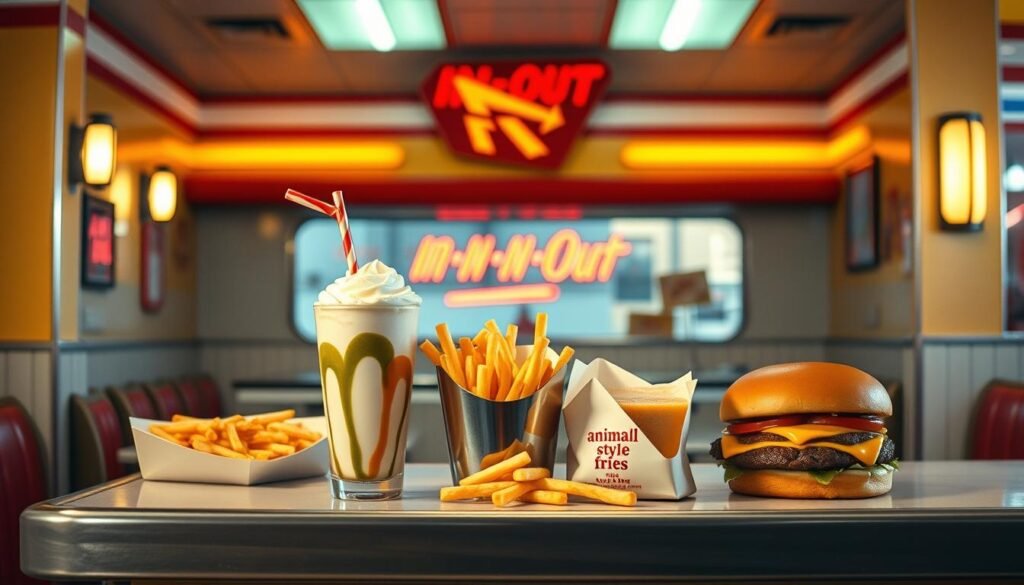 A cozy diner setting with a classic 1950s aesthetic. On the counter, an array of In-N-Out secret menu items: a Double-Double animal-style, Neapolitan shake, animal-style fries, and a veggie burger. Warm lighting casts a soft glow, evoking a nostalgic ambiance. The scene exudes an inviting, retro charm, capturing the hidden delights and insider tips for ordering like a true In-N-Out aficionado.