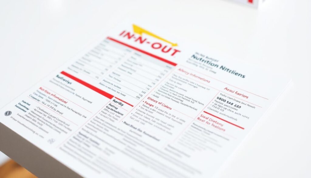A crisp, white-lit table setting with a close-up view of an In-N-Out Burger nutrition information sheet, its contents clearly legible and organized. The sheet showcases detailed nutritional values, allergy information, and dietary considerations for the burger chain's classic menu items. The lighting is clean and evenly distributed, allowing the text and numbers to stand out crisply against the matte surface. The image has a professional, informative tone, designed to educate viewers on the nutritional profile of this beloved fast-food establishment.