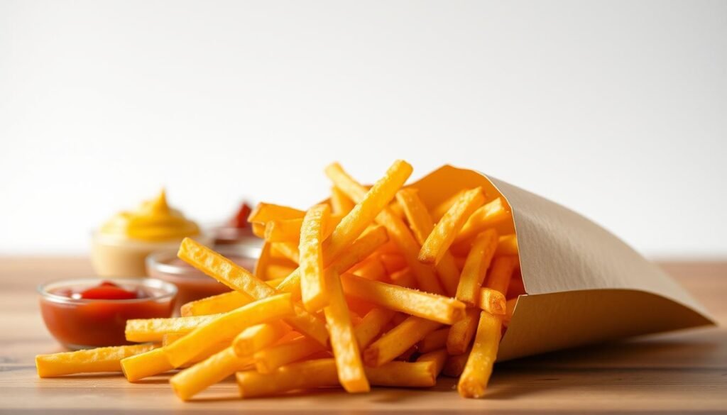 A delectable assortment of McDonald's classic French fries spilling out of a crisp, golden-brown paper carton, accompanied by an array of delightful side dishes. In the foreground, the fries are captured in a warm, natural lighting, their thin, crinkly texture and glistening salt crystals tempting the senses. In the middle ground, an assortment of dipping sauces - tangy ketchup, creamy mayonnaise, and zesty mustard - are neatly arranged, their vibrant colors and glossy surfaces reflecting the fries' golden hue. The background features a clean, minimalist setting, allowing the star players to shine. The overall scene exudes a mouthwatering, inviting atmosphere, perfectly capturing the essence of the iconic McDonald's side dishes. A delectable assortment of McDonald's classic French fries spilling out of a crisp, golden-brown paper carton, accompanied by an array of delightful side dishes. In the foreground, the fries are captured in a warm, natural lighting, their thin, crinkly texture and glistening salt crystals tempting the senses. In the middle ground, an assortment of dipping sauces - tangy ketchup, creamy mayonnaise, and zesty mustard - are neatly arranged, their vibrant colors and glossy surfaces reflecting the fries' golden hue. The background features a clean, minimalist setting, allowing the star players to shine. The overall scene exudes a mouthwatering, inviting atmosphere, perfectly capturing the essence of the iconic McDonald's side dishes.