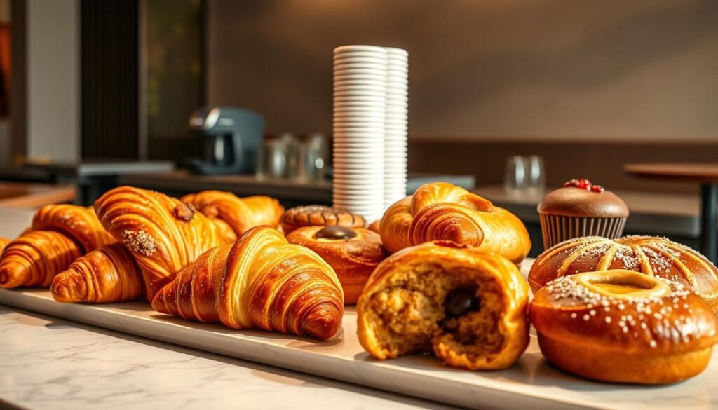 A delectable display of McDonald's McCafé pastries, artfully arranged on a sleek, marble-topped counter. In the foreground, flaky croissants, buttery danishes, and decadent muffins beckon with their golden-brown crusts and tempting fillings. Soft lighting casts a warm, inviting glow, highlighting the intricate textures and rich colors of the baked goods. In the middle ground, a stack of freshly brewed McCafé coffee cups adds a touch of caffeine-fueled energy to the scene. The background features a modern, minimalist café setting, with clean lines and neutral tones that allow the pastries to take center stage. The overall composition evokes a sense of indulgence and the perfect accompaniment to a cozy morning or afternoon break. A delectable display of McDonald's McCafé pastries, artfully arranged on a sleek, marble-topped counter. In the foreground, flaky croissants, buttery danishes, and decadent muffins beckon with their golden-brown crusts and tempting fillings. Soft lighting casts a warm, inviting glow, highlighting the intricate textures and rich colors of the baked goods. In the middle ground, a stack of freshly brewed McCafé coffee cups adds a touch of caffeine-fueled energy to the scene. The background features a modern, minimalist café setting, with clean lines and neutral tones that allow the pastries to take center stage. The overall composition evokes a sense of indulgence and the perfect accompaniment to a cozy morning or afternoon break.