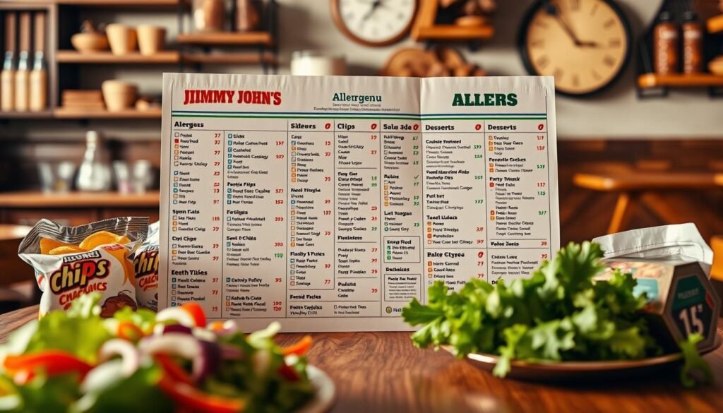 A detailed allergen menu from Jimmy John's displayed prominently on a wooden restaurant table, featuring colorful icons representing various allergens next to items like sides, chips, salads, and desserts. The foreground showcases a close-up of vibrant, fresh salads and bags of chips, while the middle section includes the allergen menu itself, clearly organized and visually appealing. In the background, softly blurred, there are rustic decor elements typical of a sandwich shop, such as wooden shelves and condiments. Warm, natural lighting sets a welcoming and informative atmosphere, evoking a sense of health-conscious dining. The composition captures a professional and clean aesthetic, ensuring legibility and clarity in showcasing allergen information.