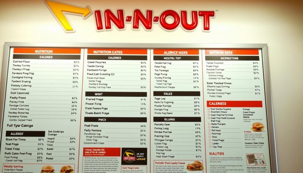 A detailed and neatly organized in-n-out menu board, showcasing the nutrition information for various menu items. The menu is presented against a bright, clean background, with a warm, natural lighting illuminating the scene. The menu items are clearly visible, with their calorie counts, allergen details, and dietary information prominently displayed. The overall atmosphere is informative and inviting, making it easy for the viewer to navigate the options and make healthier choices. The composition is well-balanced, with the menu taking up the majority of the frame, and the background providing just enough context to set the scene. A detailed and neatly organized in-n-out menu board, showcasing the nutrition information for various menu items. The menu is presented against a bright, clean background, with a warm, natural lighting illuminating the scene. The menu items are clearly visible, with their calorie counts, allergen details, and dietary information prominently displayed. The overall atmosphere is informative and inviting, making it easy for the viewer to navigate the options and make healthier choices. The composition is well-balanced, with the menu taking up the majority of the frame, and the background providing just enough context to set the scene.