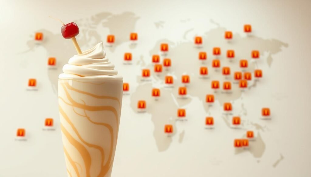 A detailed map of McDonald's locations across the United States, showcasing their iconic milkshake offerings. In the foreground, a crisp, high-resolution illustration of a classic McDonald's milkshake, complete with a swirling, creamy texture and a vibrant cherry on top. The middle ground features numerous red and yellow McDonald's restaurant icons, evenly distributed across the map, indicating the wide availability of these delectable treats. The background depicts a clean, minimalist world map, with state and regional boundaries clearly delineated, allowing the viewer to easily identify the nearest McDonald's milkshake destinations. The lighting is soft and diffused, creating a warm, inviting atmosphere, while the camera angle provides a balanced, bird's-eye view of the entire scene.
