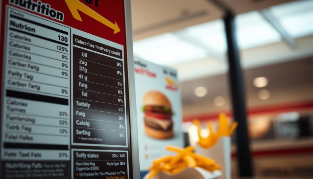 A high-contrast, crisp photograph of an in-n-out burger's nutrition information menu, shot from a slightly low angle with a shallow depth of field. The foreground features the menu board with detailed nutritional facts displayed prominently, including calorie, protein, carbohydrate, and fat content for various menu items. The middle ground showcases an out-of-focus burger and fries, subtly hinting at the menu's offerings. The background is blurred, with hints of a clean, modern in-n-out restaurant interior visible. The lighting is natural and directional, creating depth and emphasizing the textural details of the menu board. Overall, the image conveys a sense of informative clarity about in-n-out's nutritional profile.