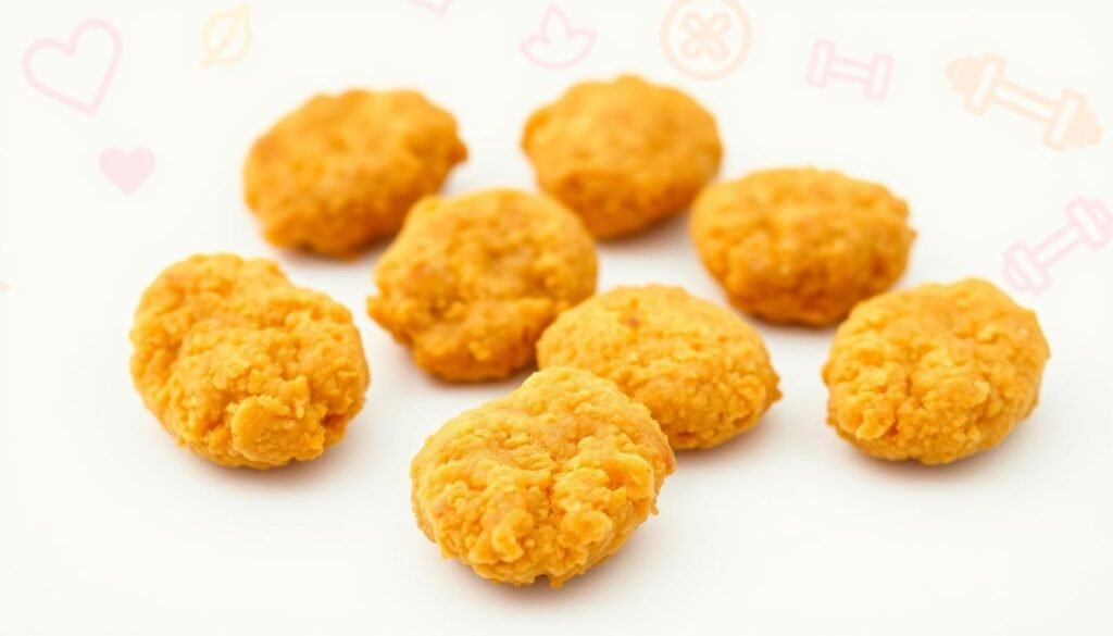 A high-quality, highly detailed image of McDonald's Chicken Nuggets on a clean, bright white background. The nuggets are arranged neatly, showcasing their golden, crispy exterior and tender, juicy interior. The lighting is soft and natural, accentuating the delicious appearance of the nuggets. In the background, there are various health-focused icons, such as a heart, a leaf, and a dumbbell, subtly indicating the improved nutritional value of the updated chicken nuggets. The overall composition is visually striking and effectively communicates the "Health and Nutrition Improvements" theme.