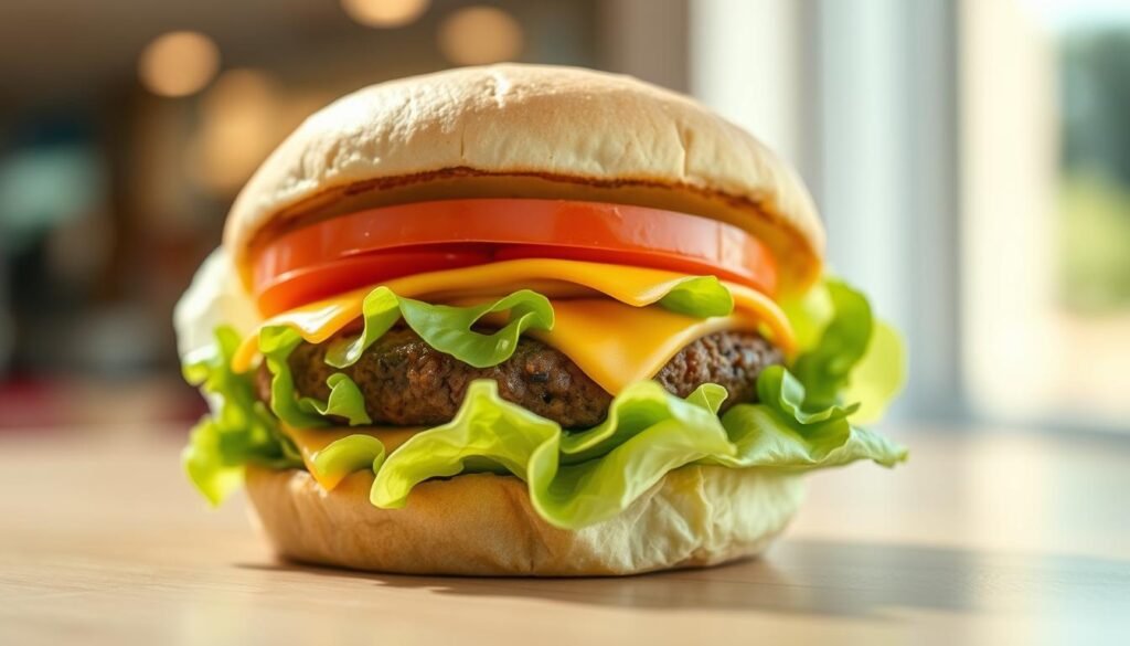 A high-quality photograph of a delicious In-N-Out Burger "Protein Style" menu item, shot in natural lighting with a shallow depth of field. The burger is the focal point, featuring a juicy beef patty, fresh lettuce, tomatoes, and cheese, wrapped in crisp iceberg lettuce instead of a bun. The background is blurred, highlighting the appetizing details of the low-carb, low-calorie protein-focused meal option. The lighting is soft and warm, creating an inviting, mouthwatering atmosphere. The camera angle is slightly elevated, providing an elegant, high-end presentation of this classic California fast-food staple.