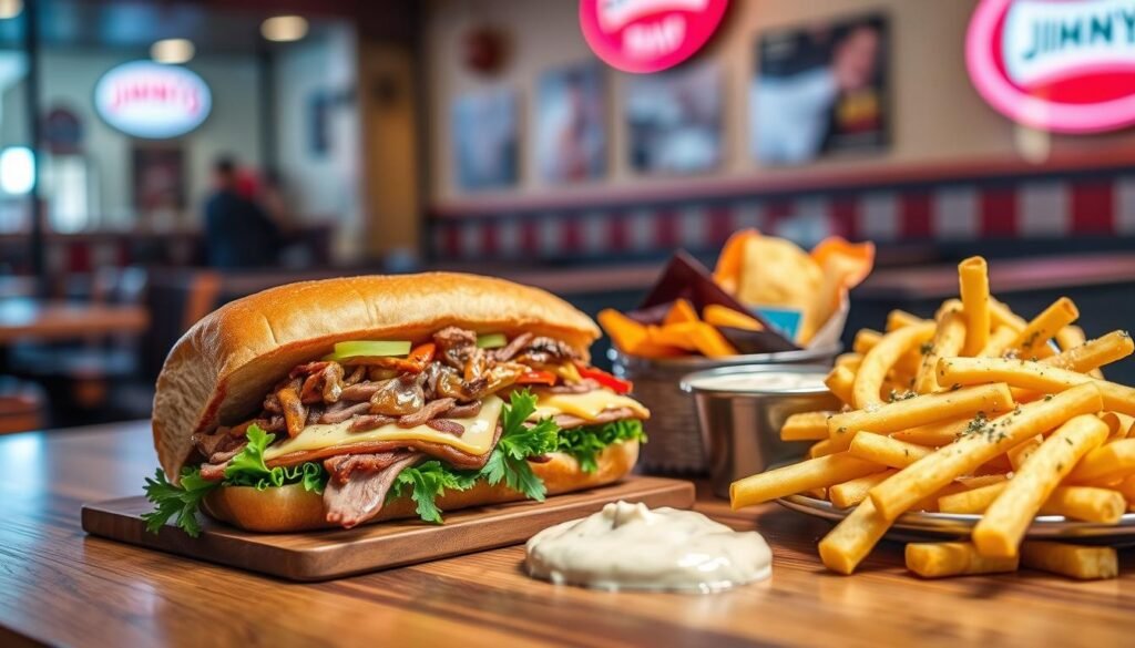 A mouth-watering display of the highest-calorie items from Jimmy John's menu, arranged enticingly on a wooden table. In the foreground, a large, hearty sub sandwich overflowing with meat, cheese, and fresh vegetables, glistening with condiments. Beside it, a plate of crispy, golden French fries, with some sprinkled with parmesan and herbs. In the middle ground, a colorful array of chips and a creamy dip, reflecting vibrant colors. The background features a softly blurred, diner-style restaurant setting, with warm, ambient lighting that creates a cozy atmosphere. The scene is shot from a slightly elevated angle, highlighting the delicious details and inviting viewers to consider the calorie-rich offerings. The overall mood is indulgent and appetizing, enticing readers to discover Jimmy John's options.