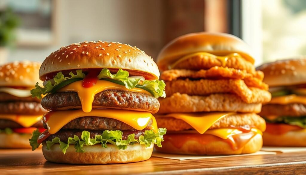 A mouthwatering display of McDonald's most popular burger variations, meticulously crafted with juicy beef patties, glistening buns, and an array of enticing toppings. In the foreground, a classic Big Mac stands tall, its signature "special sauce" drizzled over crisp lettuce and melted cheese. Beside it, a Quarter Pounder with Cheese radiates a golden hue, the patty sizzling against the backdrop of fresh onions and pickles. In the middle, a Filet-O-Fish tempts with its flaky white fish and creamy tartar sauce, while a McChicken sandwich adds a delightful crunch. Soft natural lighting casts a warm glow, capturing the inviting textures and mouthwatering details of these beloved McDonald's burger creations. The scene is photographed from a slightly elevated angle, showcasing the delectable lineup in all its glory.