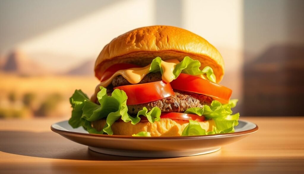 A neatly arranged plate showcasing a hearty "protein-style" burger from the iconic In-N-Out menu. The patty is nestled between fresh lettuce leaves, accompanied by slices of juicy tomato and a drizzle of the restaurant's signature spread. The background features a subtle, soft-focus landscape hinting at the brand's classic West Coast aesthetic. Warm, natural lighting casts a welcoming glow, highlighting the meal's wholesome, low-carb appeal. The overall composition emphasizes the nutritious, customizable nature of In-N-Out's menu options, inviting the viewer to explore healthier choices.