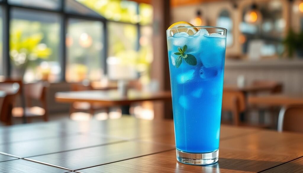 A refreshing blue raspberry lemonade in a tall, frosted glass filled with ice, garnished with a slice of lemon and a sprig of mint, sits prominently in the foreground. The lemonade sparkles with a vibrant blue hue, highlighting the fruity, tangy essence of blue raspberry. In the middle ground, a wooden table enhances the casual, inviting atmosphere, with sun-dappled light reflecting off the glass. The background features a soft-focus café setting with hints of greenery and sunlight filtering through, creating a warm, summery feel. Use bright, natural lighting to emphasize the drink's refreshing qualities, and frame the shot from a slightly elevated angle to capture the details of the lemonade beautifully. The overall mood should be cheerful and refreshing, perfect for a summer day.