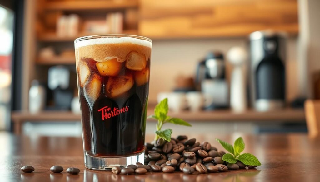 A refreshing glass of Tim Hortons cold brew coffee sits prominently in the foreground, filled with dark, rich liquid and topped with a frothy layer of cream, glimmering with condensation. Ice cubes float within, catching the light. In the middle ground, a subtle arrangement of coffee beans and a few sprigs of fresh mint complement the drink. The background features a softly lit café scene with blurred hints of wood, barista equipment, and warm, welcoming tones, creating an inviting atmosphere. The lighting is bright yet soft, mimicking natural daylight, enhancing the rich colors of the beverage. The scene embodies a cozy coffee shop vibe, inviting viewers to indulge in the refreshing experience that the cold brew offers.