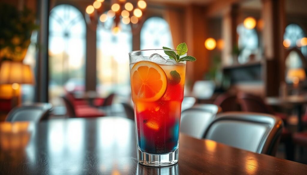 A refreshing sugar-free drink showcased in a stylish, clear glass filled with vibrant, colorful liquid, garnished with a slice of citrus and a sprig of mint for added flair. The drink is set against a soft, blurred background featuring an elegant café interior, adorned with warm lighting that creates a cozy atmosphere. The foreground captures the drink from a slightly elevated angle, emphasizing the condensation on the glass to convey chilliness. The colors are bright and inviting, with a focus on the refreshing nature of the beverage. Overall, the mood is uplifting and energizing, perfect for highlighting the appeal of sugar-free options. A refreshing sugar-free drink showcased in a stylish, clear glass filled with vibrant, colorful liquid, garnished with a slice of citrus and a sprig of mint for added flair. The drink is set against a soft, blurred background featuring an elegant café interior, adorned with warm lighting that creates a cozy atmosphere. The foreground captures the drink from a slightly elevated angle, emphasizing the condensation on the glass to convey chilliness. The colors are bright and inviting, with a focus on the refreshing nature of the beverage. Overall, the mood is uplifting and energizing, perfect for highlighting the appeal of sugar-free options.