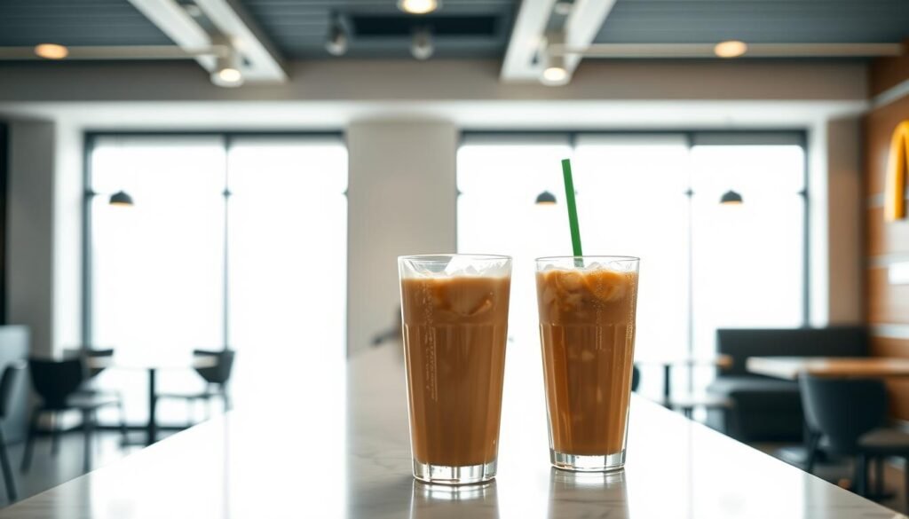 A sleek, modern McDonald's cafe scene. In the foreground, two icy, tall glasses of McDonald's signature Iced Coffee and Frozen Coffee Drinks sit atop a clean, marble countertop. The drinks are beautifully lit, their condensation glistening under bright, natural light from large windows in the background. The cafe's minimal, contemporary decor creates a comfortable, inviting atmosphere. The overall scene exudes a sense of refreshment, energy, and high-quality craftsmanship that reflects the excellence of McDonald's coffee offerings.