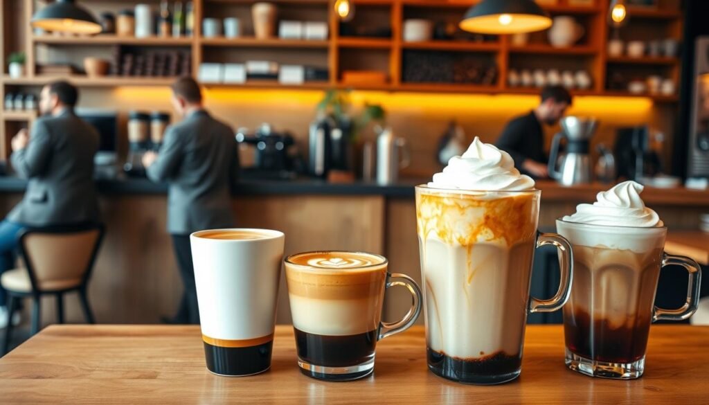 A stylish café setting featuring a wooden counter adorned with a variety of coffee drinks in three distinct sizes: small, medium, and large cups, each showcasing different colors and textures of the coffee. In the foreground, the small cup is dark espresso with a tiny swirl of cream, the medium is a latte with beautiful latte art, and the large is a vibrant iced coffee topped with whipped cream. The background has a cozy, inviting vibe with warm lighting illuminating the space, wooden shelves lined with coffee beans and brewing equipment, and patrons engaged in conversation. Capture this scene from a slightly elevated angle to showcase the sizes prominently, creating an atmosphere of warmth and engagement, ideal for coffee lovers.