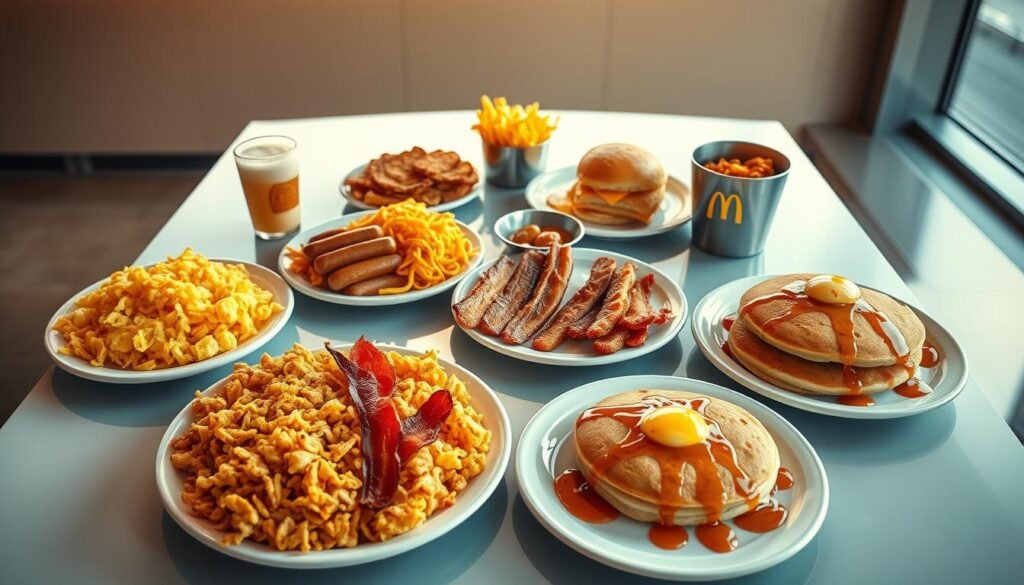 A sumptuous spread of McDonald's breakfast platters, artfully arranged on a sleek, modern table under soft, warm lighting. The platters showcase an array of delectable items: golden hash browns, fluffy scrambled eggs, juicy sausage links, crisp bacon strips, and fluffy pancakes drizzled with maple syrup. The scene is captured with a wide-angle lens, allowing the viewer to take in the full, tantalizing display. The overall mood is one of inviting comfort and indulgence, perfectly capturing the essence of a satisfying McDonald's breakfast.