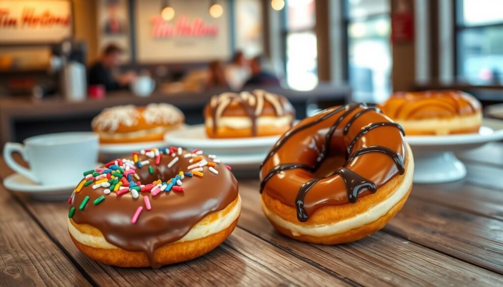 A tantalizing display of new Tim Hortons donuts arranged artfully on a rustic wooden table, showcasing a variety of innovative flavors and vibrant glazes. In the foreground, feature a close-up of two signature donuts: one with a rich chocolate icing and colorful sprinkles, and the other adorned with a glossy caramel glaze and a drizzle of chocolate. In the middle, include a few more donuts showcasing unique fillings like raspberry jelly and maple cream, all beautifully presented on white ceramic plates. The background features a softly blurred coffee shop interior with warm, inviting lighting, creating a cozy atmosphere. The image should evoke a sense of indulgence and freshness, focusing on the delicious details of each donut, shot at a slight angle to highlight their textures.