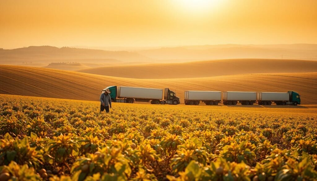 A vast pastoral landscape, a rolling field of golden potato crops stretches out under a warm, hazy sun. In the foreground, a farmer carefully tends to the plants, meticulously inspecting each tuber. Behind them, a fleet of trucks waits to transport the freshly harvested potatoes, their cargo destined for the iconic golden arches of a nearby McDonald's. The scene is bathed in a soft, natural light, conveying a sense of care, sustainability, and the journey from farm to table. The composition is balanced, with the farmer and trucks creating a sense of movement and progression, leading the viewer's eye towards the horizon and the promise of the final product.