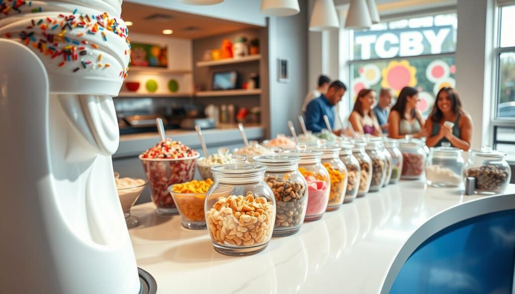 A vibrant TCBY Quincy frozen yogurt toppings bar, filled with an array of colorful, fresh toppings such as sprinkles, fruits, nuts, and sauces. The foreground features a pristine white yogurt dispenser with a swirl of creamy frozen yogurt elegantly cascading into a vibrant, decorative bowl. The middle ground showcases various glass containers holding the toppings, arranged neatly on a polished countertop, glistening under soft, inviting lighting. In the background, a well-lit, modern TCBY store ambiance, with cheerful pastel decor and smiling customers enjoying their creations. A warm, inviting atmosphere that conveys the joy of custom frozen yogurt creations. The perspective captures the scene from a slightly elevated angle, emphasizing the abundance of options available, with sunlight streaming in from a nearby window.