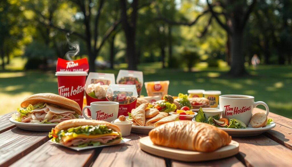 A vibrant Tim Hortons lunch combo spread on a rustic wooden picnic table. In the foreground, a delicious assortment of classic sandwiches, like turkey and Swiss, paired with fresh garden salads, and a warm, flaky pastry. A steaming cup of Tim Hortons coffee is prominently featured, with a small, elegant dessert beside it. In the middle, the focus is on a variety of lunch meal bundles, showcasing colorful, appetizing items such as wraps, soups, and fruit cups. The background reveals a blurred, soft-focus park setting, filled with lush greenery and dappled sunlight filtering through the trees, creating a warm and inviting atmosphere. The scene conveys a sense of freshness and comfort, perfect for a satisfying lunch.