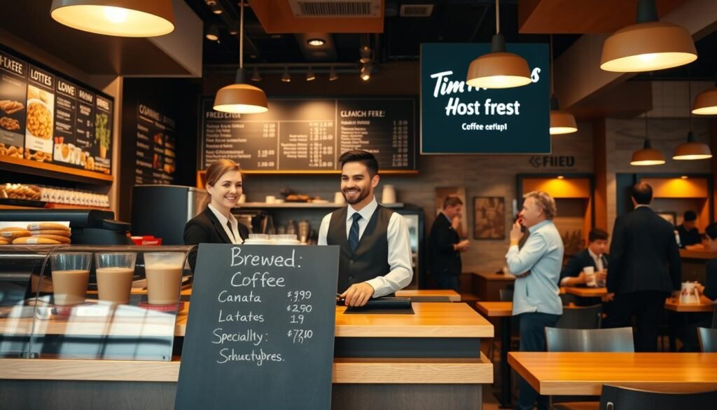 A vibrant and inviting close-up scene of a Tim Hortons coffee shop interior, showcasing a modern counter filled with a variety of coffee options and pastries. In the foreground, a chalkboard menu displays prices for popular drinks like brewed coffee, lattes, and specialty beverages, artistically written in white chalk. The middle features friendly baristas in professional business attire, interacting with customers and preparing drinks with engaging smiles. The background reveals a cozy seating area with warm lighting, featuring wooden tables and patrons enjoying their coffee. This scene is captured with a shallow depth of field to emphasize the menu, using soft, natural lighting that creates a welcoming and warm atmosphere, inviting readers to explore the delicious offerings at Tim Hortons.