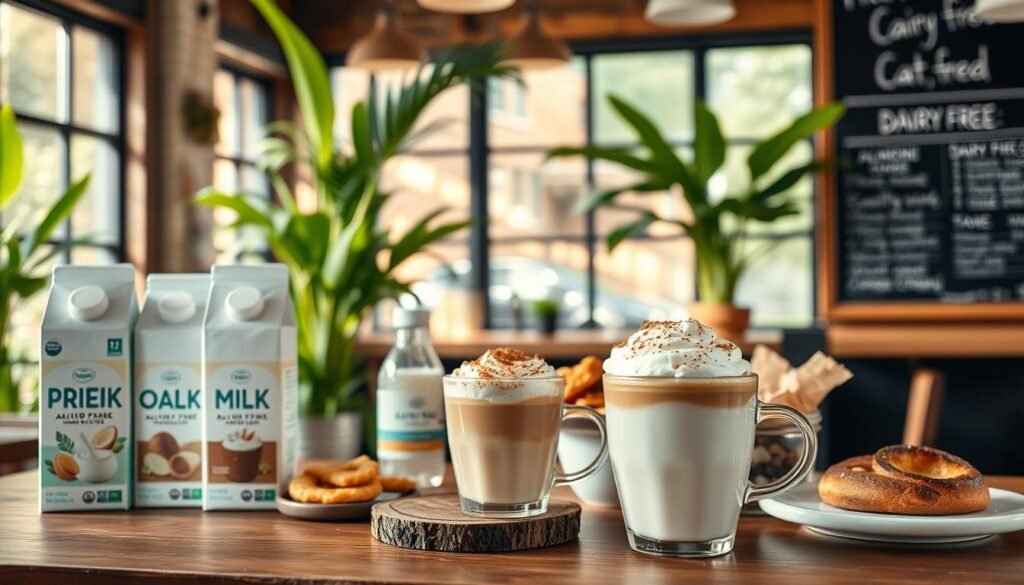 A vibrant coffee shop scene focusing on a selection of dairy-free and vegan options. In the foreground, display a beautifully arranged dairy-free coffee latte topped with plant-based whipped cream and sprinkled with cinnamon, alongside a variety of almond milk, oat milk, and coconut milk containers. In the middle, feature a rustic wooden table with delectable vegan pastries and snacks, artfully placed to tempt the viewer. The background showcases a cozy coffee shop atmosphere with warm, inviting lighting – soft sunlight streaming through large windows, highlighting lush green plants and a chalkboard menu displaying dairy-free offerings. The overall mood is inviting and relaxed, emphasizing a welcoming environment for health-conscious customers.