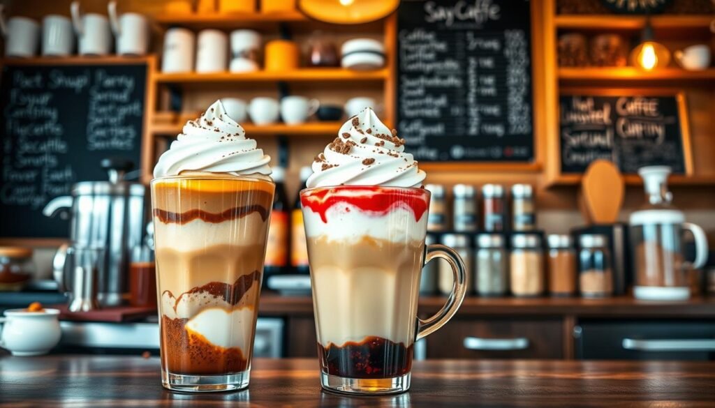 A vibrant coffee shop scene showcasing a "Customization Guide Drink" at the forefront. In the foreground, a stylishly arranged coffee cup embellished with colorful layers representing different flavor customizations, like whipped cream, syrups, and toppings, creating an enticing visual appeal. In the middle ground, a well-organized coffee station featuring various ingredients such as jars of syrups, flavor infusions, and spices, all neatly labeled. The background should depict a cozy and inviting café atmosphere with warm lighting, rustic wooden shelves filled with coffee beans and mugs, and a chalkboard menu highlighting drink options. Soft focus on the background to emphasize the foreground elements, using a shallow depth of field. The overall mood is warm, welcoming, and creative, inviting customers to explore their drink customization possibilities. A vibrant coffee shop scene showcasing a "Customization Guide Drink" at the forefront. In the foreground, a stylishly arranged coffee cup embellished with colorful layers representing different flavor customizations, like whipped cream, syrups, and toppings, creating an enticing visual appeal. In the middle ground, a well-organized coffee station featuring various ingredients such as jars of syrups, flavor infusions, and spices, all neatly labeled. The background should depict a cozy and inviting café atmosphere with warm lighting, rustic wooden shelves filled with coffee beans and mugs, and a chalkboard menu highlighting drink options. Soft focus on the background to emphasize the foreground elements, using a shallow depth of field. The overall mood is warm, welcoming, and creative, inviting customers to explore their drink customization possibilities.