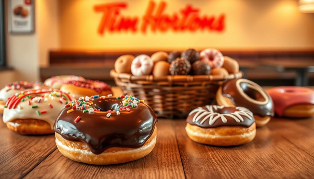 A vibrant display of a Tim Hortons donuts menu featuring an array of colorful donuts and Timbits, arranged artistically on a wooden table. In the foreground, highlight a glossy chocolate glazed donut topped with sprinkles, alongside a selection of classic vanilla and strawberry frosted donuts, all enticingly decorated. The middle ground features an assortment of Timbits, showcasing their varied flavors like birthday cake, sour cream, and chocolate glazed, invitingly placed in a rustic basket. In the background, softly blurred, the atmosphere is warm and inviting, with the iconic Tim Hortons logo subtly implied. Golden lighting bathes the scene, giving it a cozy café ambiance. The focus is sharp, inviting the viewer to indulge in these timeless baked goods.