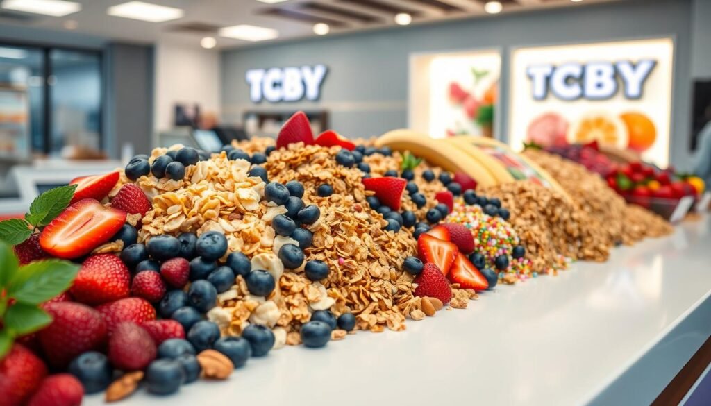 A vibrant display of healthy toppings at TCBY, featuring a diverse selection of fresh fruits such as sliced strawberries, blueberries, and ripe bananas. Include crunchy granola, honey-roasted nuts, and colorful sprinkles, arranged artfully on a sleek white countertop. The background showcases a modern TCBY store with a bright and inviting atmosphere, illuminated by soft, natural lighting that enhances the freshness of the toppings. Capture the image from a slightly elevated angle, highlighting the textures and colors of the toppings against the contrasting countertop. The mood is cheerful and health-conscious, evoking the joy of selecting delicious and nutritious choices at TCBY. No text or distractions are present in the image.