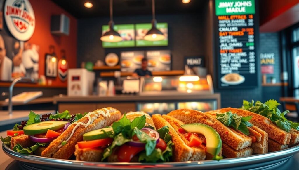 A vibrant, inviting scene showcasing a variety of smart customizations available at Jimmy John's. In the foreground, a beautifully arranged platter featuring fresh sandwiches with colorful toppings like avocados, spinach, and tomatoes, highlighting healthier choices. The middle ground reveals a clean, modern Jimmy John's counter with displayed menu items, emphasizing fresh ingredients and nutritional options. In the background, the restaurant's cozy atmosphere is illuminated by warm, natural lighting, creating an inviting vibe. A clear view of the menu board shows healthy options while maintaining a professional look. The overall mood is cheerful and health-focused, encouraging viewers to consider these smart choices for improved nutrition.