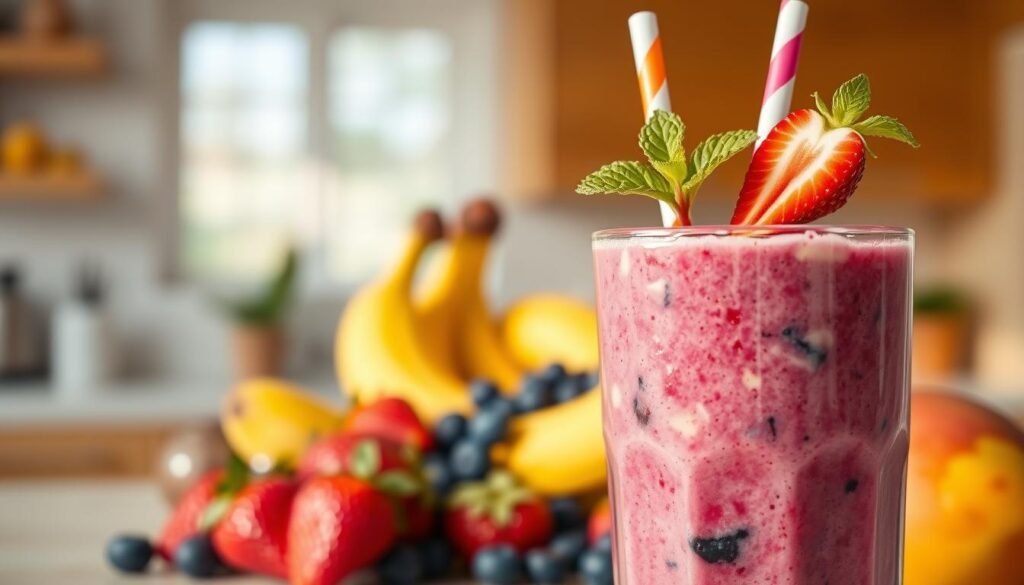 A vibrant, inviting smoothie made with a blend of fresh fruits like strawberries, blueberries, bananas, and mango. The smoothie is served in a tall, clear glass with a colorful straw, adorned with a sprig of mint on top. In the foreground, focus on the glossy texture of the smoothie, capturing the fruit chunks and vibrant colors. In the middle, include an array of whole fruits—strawberries, bananas, and a mango—surrounding the glass, emphasizing freshness. The background features a soft blurred kitchen setting with natural light streaming in, creating a warm, cheerful atmosphere. The overall mood is refreshing and energizing, perfect for a healthy lifestyle. Use a shallow depth of field to give prominence to the smoothie while gently fading the background.