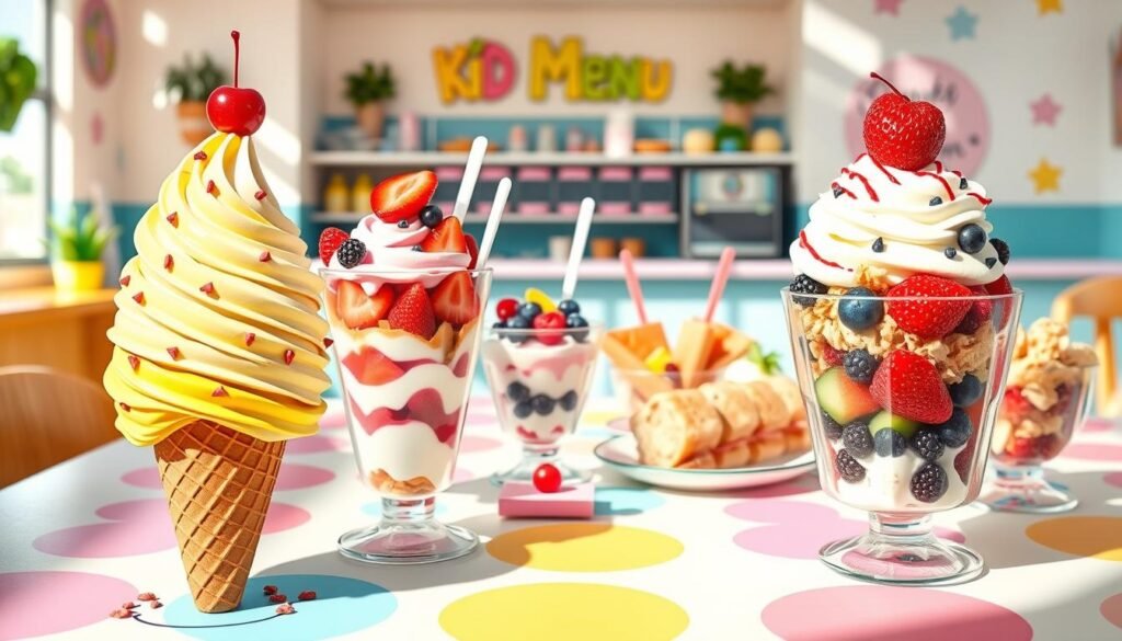 A vibrant kids' menu design featuring an array of delicious treats and flavors. In the foreground, illustrate a colorful ice cream cone with multiple scoops, sprinkles, and a cherry on top, alongside a variety of fruity yogurt parfaits with granola and berries. In the middle ground, display fun-shaped sandwiches and colorful fruit cups, all arranged on a bright, playful tablecloth. The background showcases a cheerful, family-friendly ice cream shop setting, with playful decor and pastel colors. Soft, natural lighting enhances the inviting atmosphere, casting warm shadows. Capture the scene from a slightly elevated angle to provide a comprehensive view of the enticing treats, evoking a sense of joy and excitement for kids and families.