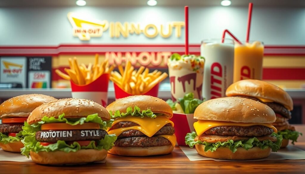 A vibrant, photorealistic image of an assortment of off-menu items from the iconic In-N-Out Burger restaurant, showcasing creative vegetarian and customizable options. The foreground features a selection of unusual burger creations, such as a "Protein Style" lettuce-wrapped burger, a grilled cheese sandwich with added vegetables, and a "Flying Dutchman" (two patties with cheese but no bun). In the middle ground, an array of tasty side dishes like french fry variations, a leafy green salad, and a milkshake with a unique flavor. The background depicts the familiar In-N-Out Burger aesthetic, with clean lines, bright colors, and a subtle retro diner ambiance. The lighting is warm and inviting, with a slightly soft focus to capture the mouthwatering details of the off-menu delights.