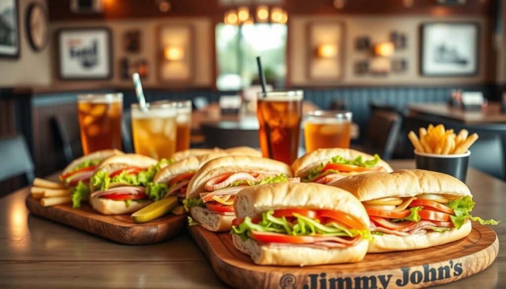A vibrant, well-composed image showcasing a variety of delicious sandwich combos from Jimmy John's menu. In the foreground, a wooden platter displays several fresh subs, each with colorful ingredients like lettuce, tomatoes, and meats, alongside enticing sides such as pickle spears and chips. In the middle ground, a stylishly arranged dining table features appealing drinks like sodas and iced tea in clear glasses. The background is softly blurred to depict a warm and inviting restaurant ambiance, with subtle hints of rustic decor and soft lighting, creating a cozy atmosphere. The lighting is bright and natural, enhancing the freshness of the food while inviting viewers to savor these tasty menu options.