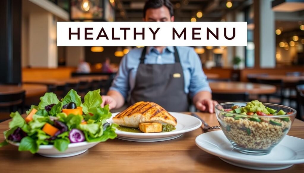 A visually appealing and informative image showcasing the healthy menu options at Yard House. The foreground features a selection of fresh, vibrant dishes including a leafy green salad, grilled fish with roasted vegetables, and a quinoa and avocado bowl. In the middle ground, a server presents these options on a wooden table, highlighting the restaurant's commitment to nutritious and flavorful cuisine. The background subtly showcases the modern, open-concept ambiance of a Yard House location, with warm lighting and sleek, minimal decor. The overall scene conveys a sense of wellness, balance, and the ability to make mindful dining choices at this popular casual dining establishment.