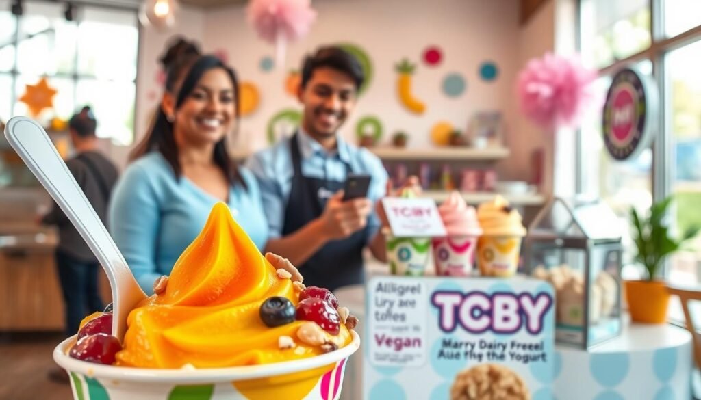 A visually appealing display of a TCBY shop showcasing a variety of dairy-free frozen yogurt flavors. In the foreground, a close-up of a vibrant, colorful frozen yogurt cup with spoon, topped with fresh fruits and nuts, emphasizing its dairy-free and vegan attributes. In the middle ground, a friendly staff member in professional attire is serving another customer, smiling and showcasing ingredients label indicating allergen management. The background features an inviting store ambiance with pastel-colored walls and cheerful decorations, highlighting the dairy-free options available. Soft natural lighting pours in from large windows, creating a warm and welcoming atmosphere that conveys safety and inclusivity in food choices. The image captures a sense of joy and community around healthy, allergen-friendly dessert options.