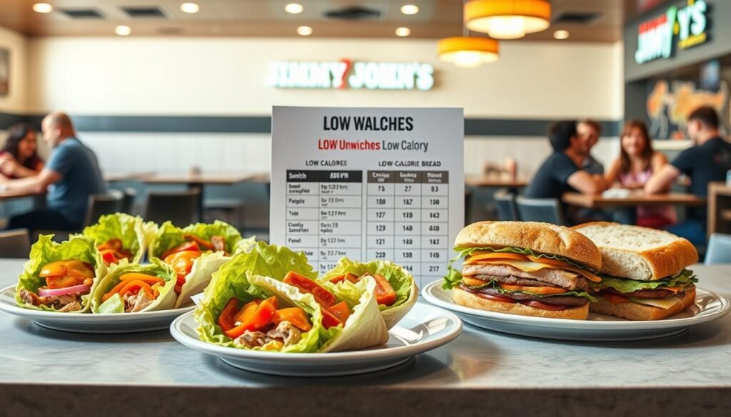 A visually appealing display of low-calorie options from Jimmy John's, featuring a vibrant table set in a well-lit, inviting restaurant atmosphere. In the foreground, showcase a neatly arranged plate of Unwiches—fresh lettuce wraps filled with colorful veggies, lean meats, and sauces—next to a classic Jimmy John's sandwich with bread. In the middle, include a nutritional comparison chart featuring low-calorie ingredients and labels. The background should feature a modern Jimmy John's interior, with subtle branding elements, bright lighting, and happy patrons enjoying their meals. The overall mood should be healthy and appetizing, emphasizing choices between Unwich and traditional bread sandwiches in a visually compelling manner.