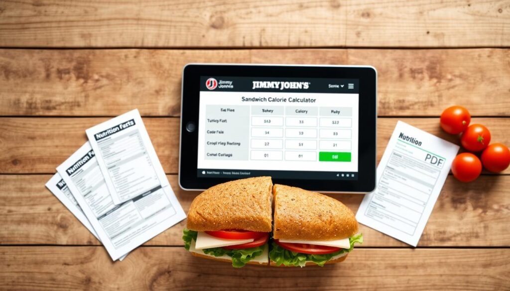 A visually appealing flat lay arrangement featuring a digital device, such as a tablet or laptop, displaying a Jimmy John's Sandwich Calorie Calculator interface. The foreground includes a healthy-looking Jimmy John's sandwich cut in half, with fresh ingredients clearly visible: lettuce, tomatoes, turkey, and cheese. The middle ground shows nutrition PDFs neatly arranged beside the device, hinting at calorie counts and nutrition facts. The background features a rustic wooden table to add warmth, illuminated by soft, natural lighting that creates an inviting atmosphere. The overall mood is informative yet appetizing, designed to engage health-conscious readers.