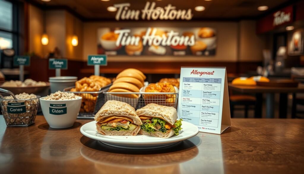 A visually clear and informative representation of a Tim Hortons breakfast scene, focused on allergy-sensitive options. In the foreground, an inviting display of breakfast items such as oatmeal, sandwiches, and pastries labeled with common allergens such as nuts, dairy, and gluten. The middle ground features a neatly arranged plate with a sandwich cut in half showcasing fresh ingredients, while an allergen chart is subtly placed next to it. The background includes a warm and friendly Tim Hortons café interior with soft lighting that enhances the inviting atmosphere. Use a shallow depth of field to emphasize the breakfast options, capturing both the food's texture and vibrant colors. The mood should be welcoming and safe, appealing to diners seeking allergy-conscious choices. A visually clear and informative representation of a Tim Hortons breakfast scene, focused on allergy-sensitive options. In the foreground, an inviting display of breakfast items such as oatmeal, sandwiches, and pastries labeled with common allergens such as nuts, dairy, and gluten. The middle ground features a neatly arranged plate with a sandwich cut in half showcasing fresh ingredients, while an allergen chart is subtly placed next to it. The background includes a warm and friendly Tim Hortons café interior with soft lighting that enhances the inviting atmosphere. Use a shallow depth of field to emphasize the breakfast options, capturing both the food's texture and vibrant colors. The mood should be welcoming and safe, appealing to diners seeking allergy-conscious choices.